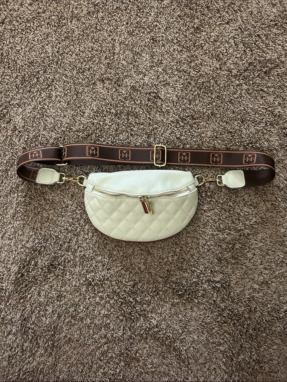 Quilted genuine creme Leather ESLCORRI Crossbody Bag w/Branded Adjustable Strap